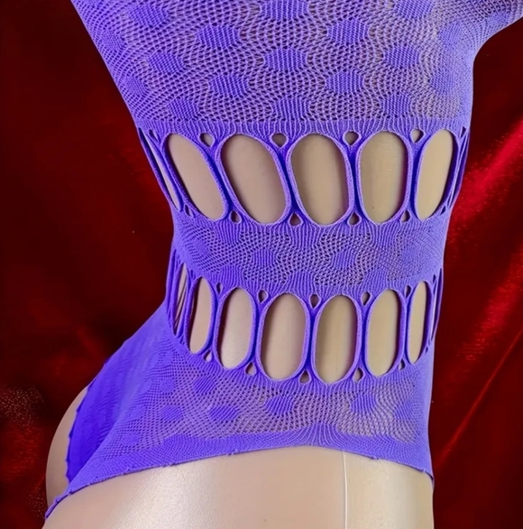 Purple Strappy Semi-Sheer Polka Dot Lace Cutout Bodystocking Bodysuit (OS) - Picture 5 of 6